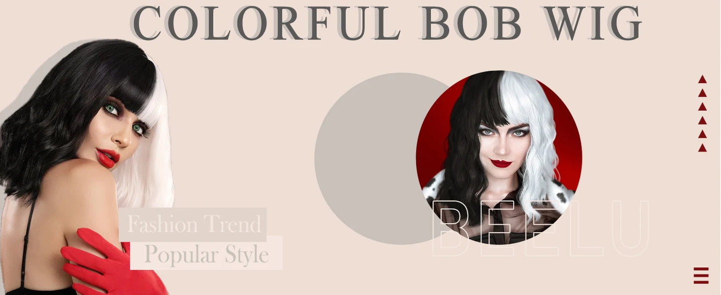 Synthetic Black and White Wigs for Women Costume Short Bob Wavy Curly Wigs Heat Resistant Wigs for Party Cosplay Halloween