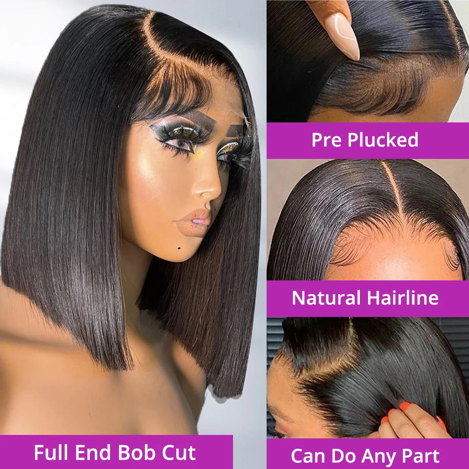 Brazilian Human Hair Bob Wigs Glueless HD Lace Front Wig No Glue Short Bone Straight Lace Frontal Wig Ready to Wear 250 Density
