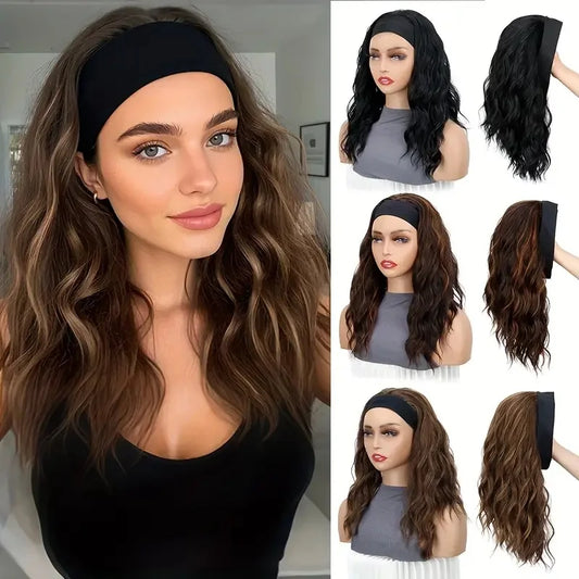 Women's Black Short Wavy Curly Headband Wig Heat Resistant Fiber Synthetic Wig for Daily Party Wear