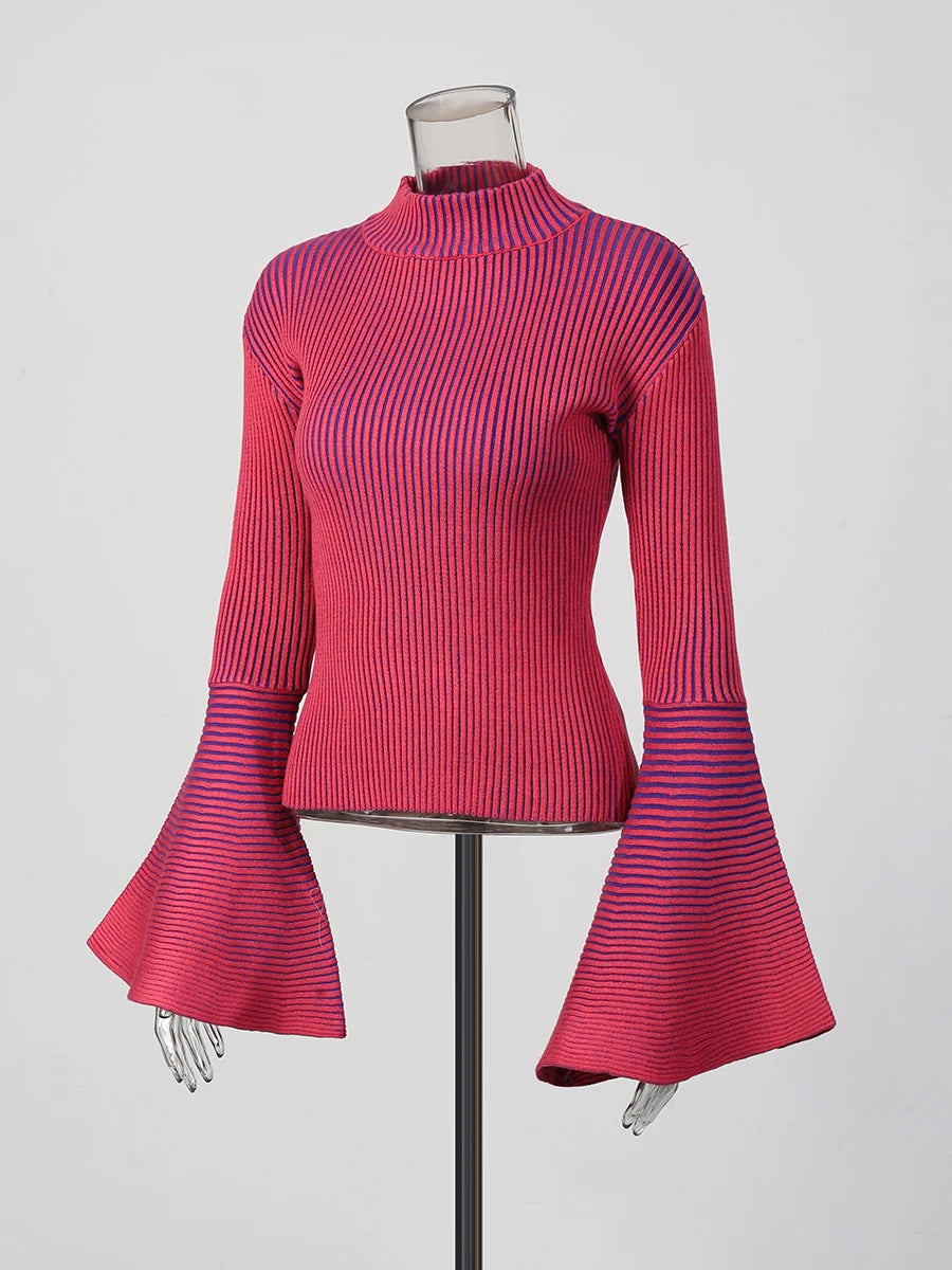 TWOTWINSTYLE Hit Color Spliced Striped Fashion Sweaters for Women Stand Neck Long Sleeves Patchwork Ruffles Sweater Female New