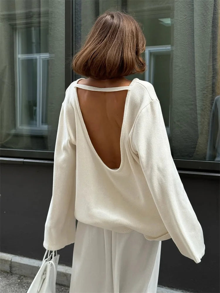 Tossy Female Backless Loose Knitwear Sweater Solid Casual Elegant Long Sleeve Patchwork Commute Clothes Women's Knit Pullover