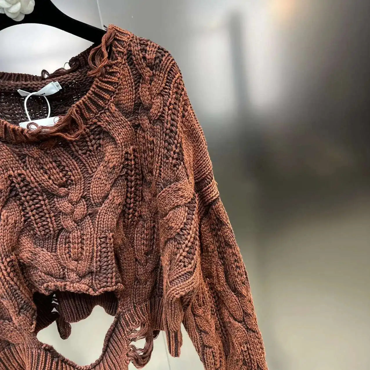 DEAT 2025 Spring Women's Knit Sweater Hollow Out Wash Hole Loose High Street Round Neck Long Sleeve Pattern Pullover 11XX6062