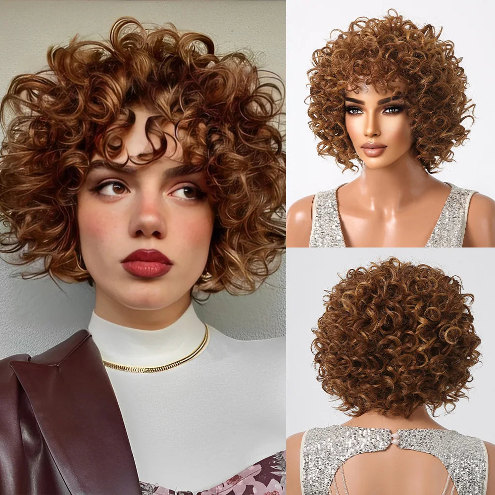 Brown Blonde Curly Hair Synthetic Wigs for Women Short Short Kinky Curly Hair Afro Wigs Glueless Cosplay Hair