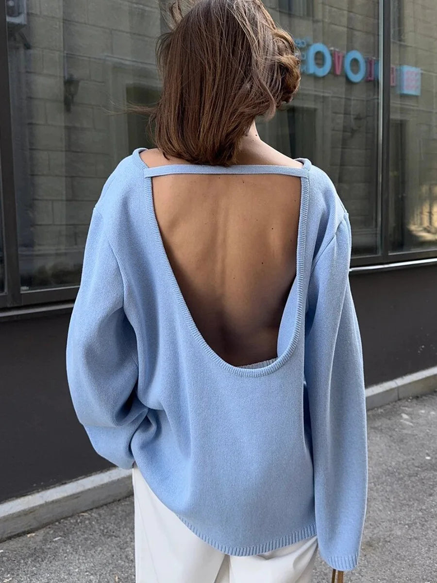 Tossy Female Backless Loose Knitwear Sweater Solid Casual Elegant Long Sleeve Patchwork Commute Clothes Women's Knit Pullover