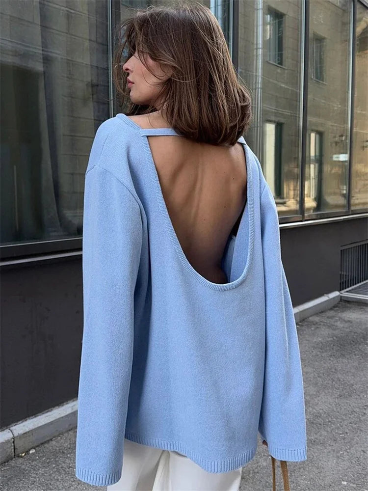 Tossy Female Backless Loose Knitwear Sweater Solid Casual Elegant Long Sleeve Patchwork Commute Clothes Women's Knit Pullover