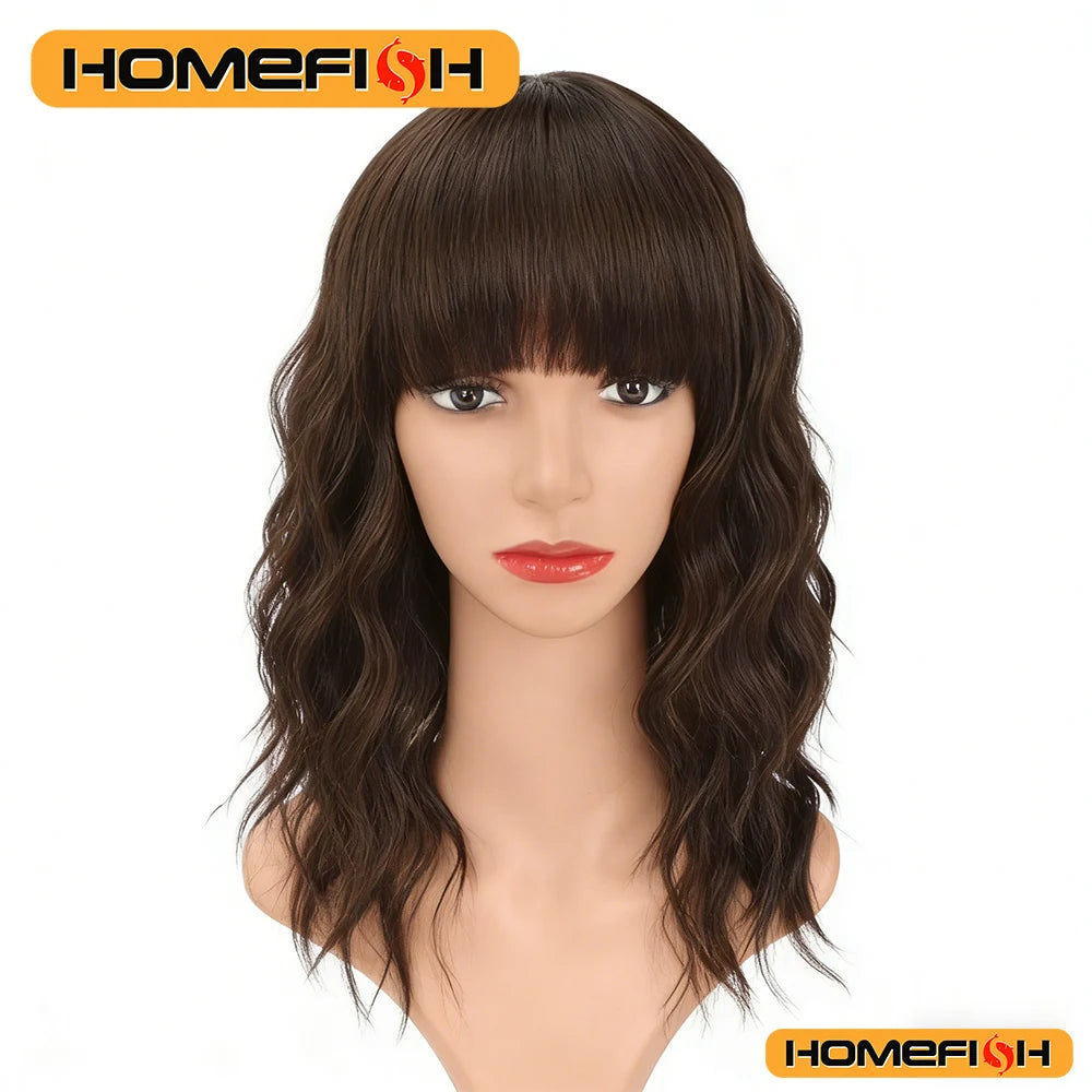 Natural Brown Wavy Bob Wig - Synthetic Curls with Bangs, Versatile Daily Hairstyle for Women