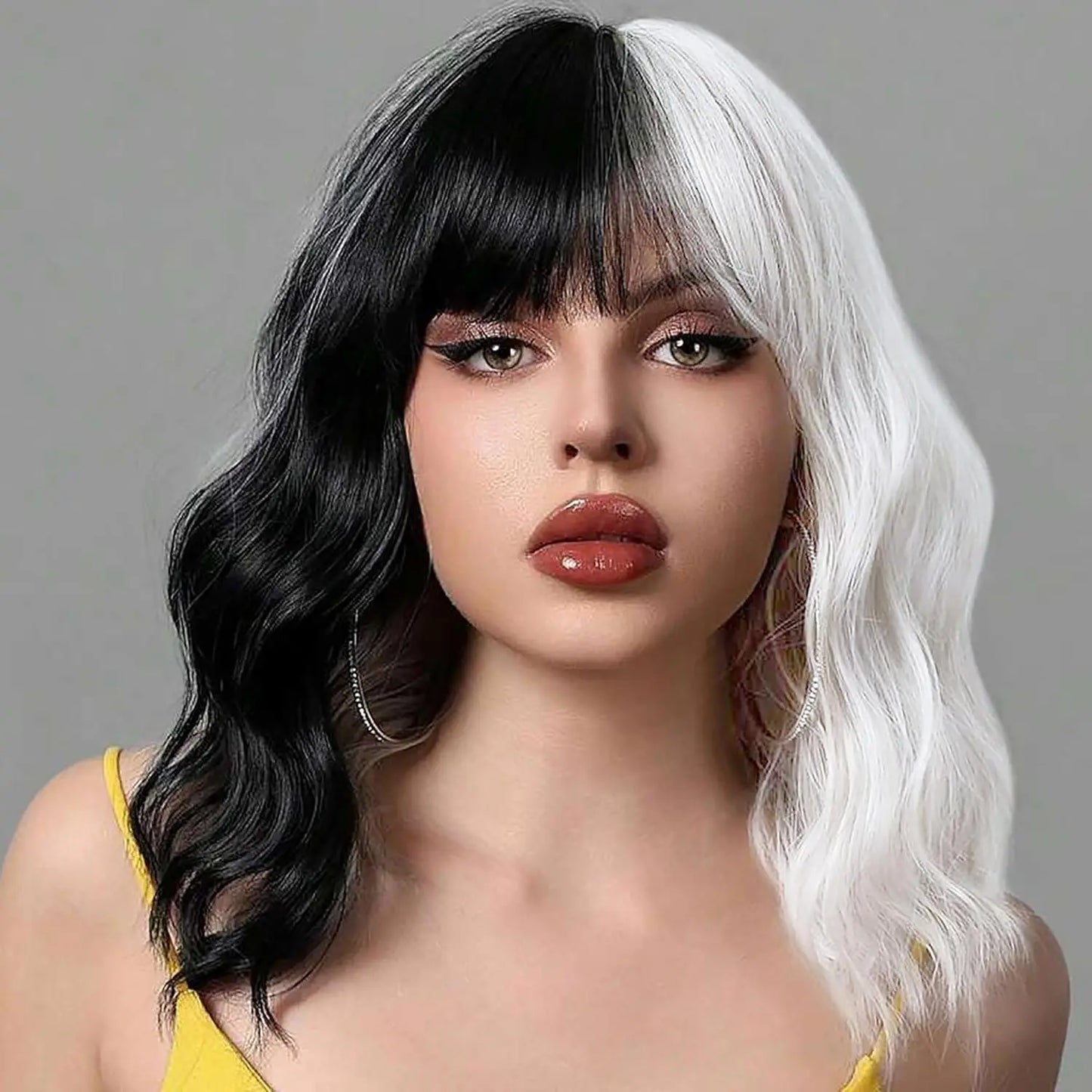 Synthetic Black and White Wigs for Women Costume Short Bob Wavy Curly Wigs Heat Resistant Wigs for Party Cosplay Halloween