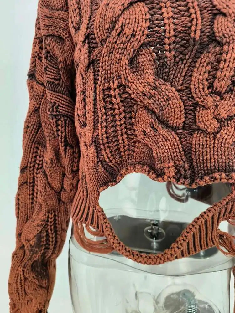 DEAT 2025 Spring Women's Knit Sweater Hollow Out Wash Hole Loose High Street Round Neck Long Sleeve Pattern Pullover 11XX6062