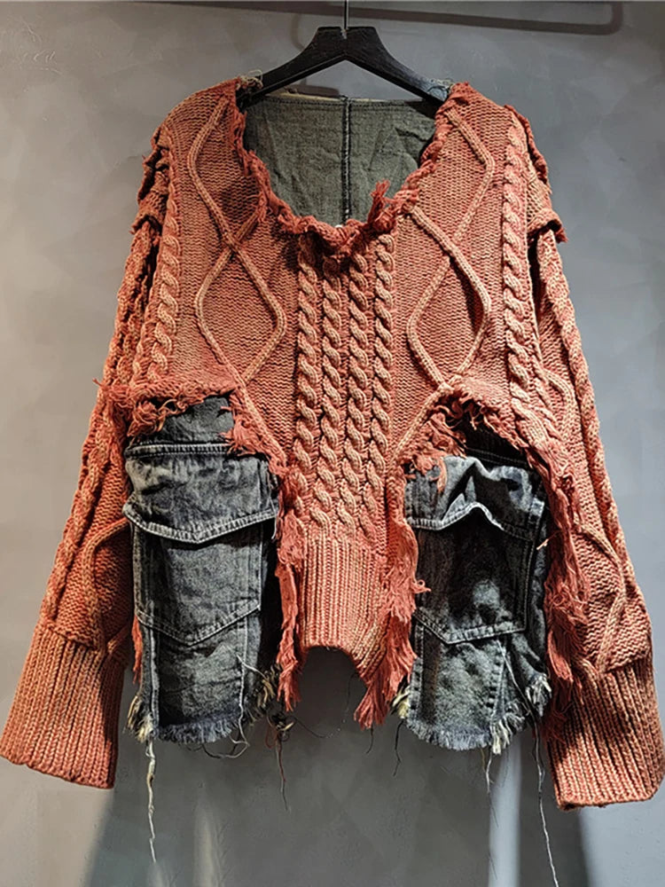 DEAT Women Pullover Long Sleeve Irregular Do Old Patchwork Pockets Vintage Washed Denim Sweater 2026 Summer New Fashion 29L8195