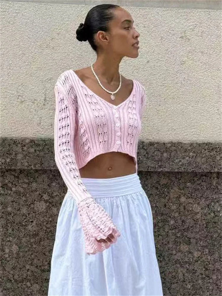 Tossy Knitwear Hollow Out Sweater Cardigan Women V-Neck Long Sleeve See-Through Cropped Top Summer Knit Patchwork Cardigan Top