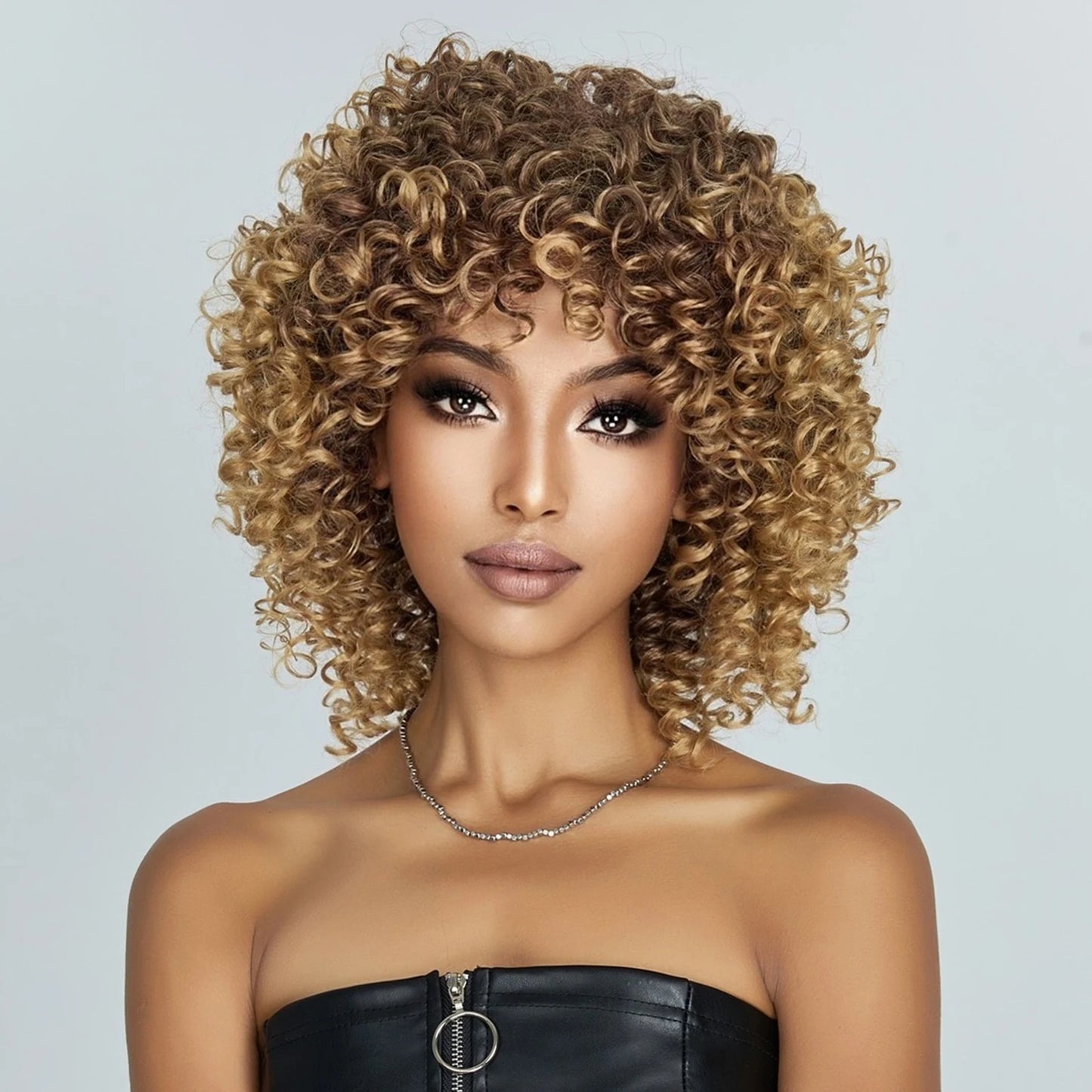 Brown Blonde Curly Hair Synthetic Wigs for Women Short Short Kinky Curly Hair Afro Wigs Glueless Cosplay Hair