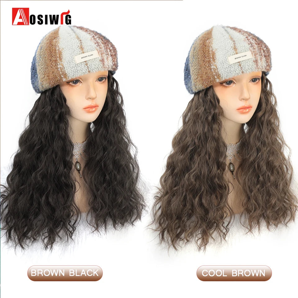 Hat Wig Synthetic Short Curly Wavy Hair Wigs With Hat Fisherman's Cap Wig Hair Extension Black Brown Wig Cap