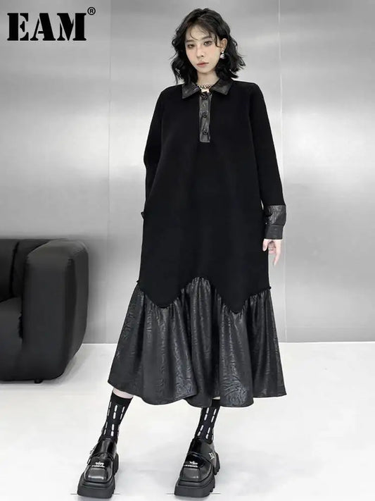 [EAM] Women Black Pu Leather Ruffles Big Size Sweater Dress New Lapel Long Sleeve Fashion Tide Spring Autumn 2026 1DJ2598