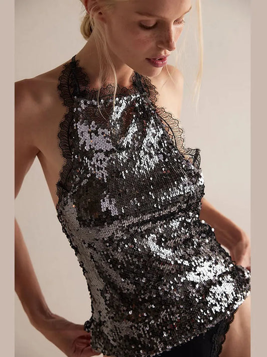 Women's Evening Corset Cropped Woman Clothes Sexy Tops Sequin Lace Halter Outerwears Party Fashion Sleeveless Backless Camisole