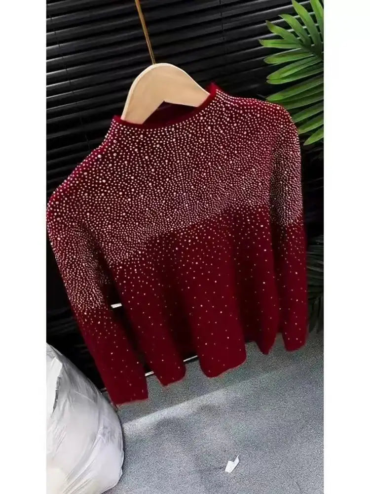 Luxury Design Diamonds Hot Drilling Slim Fit Wine Red Sweater Women Autumn/Winter Knitwear Bottoming Pullovers Femme Clothes