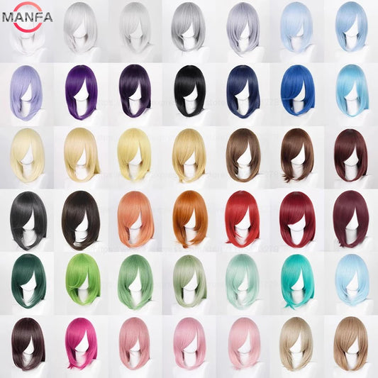40cm Medium Basic Anime Cosplay Wig Bang Blond  Black White Red Pink Green Brown Gold Blue Heat Resistant Synthetic Hair Wigs