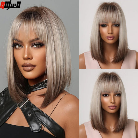 Short Straight Synthetic Wigs for Women Blonde to Brown Ombre Bob Wigs with Bangs Daily Cosplay Party Heat Resistant Fake Hair