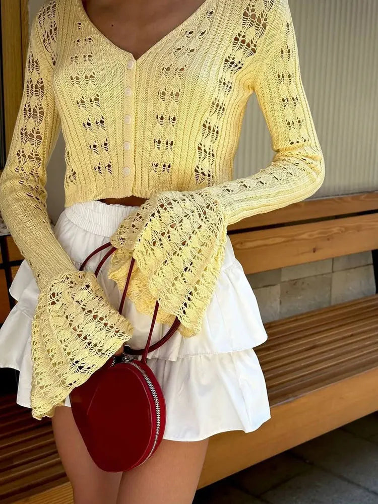 Tossy Knitwear Hollow Out Sweater Cardigan Women V-Neck Long Sleeve See-Through Cropped Top Summer Knit Patchwork Cardigan Top