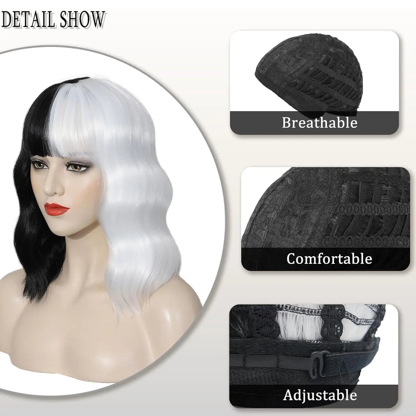 Synthetic Black and White Wigs for Women Costume Short Bob Wavy Curly Wigs Heat Resistant Wigs for Party Cosplay Halloween