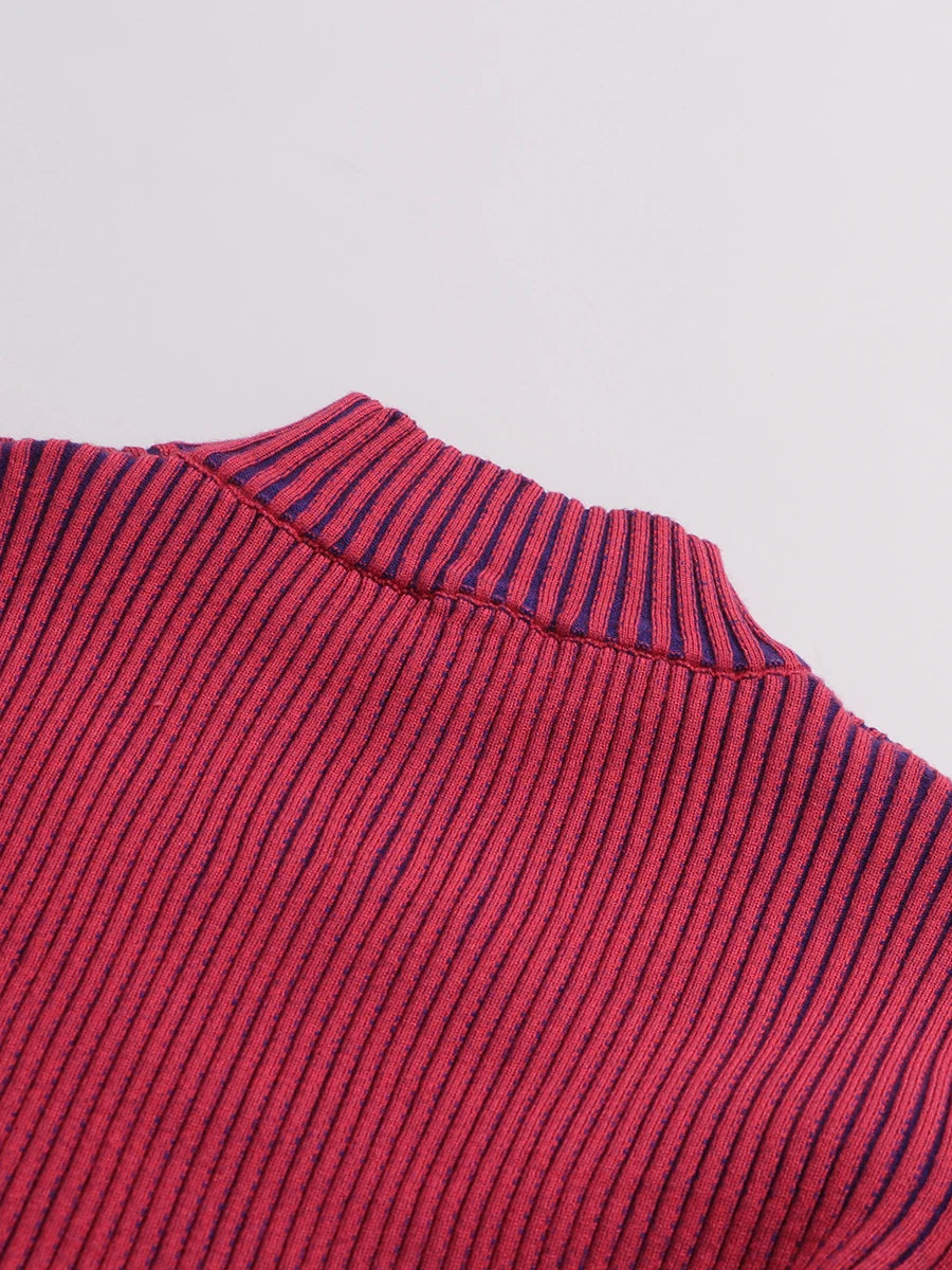 TWOTWINSTYLE Hit Color Spliced Striped Fashion Sweaters for Women Stand Neck Long Sleeves Patchwork Ruffles Sweater Female New