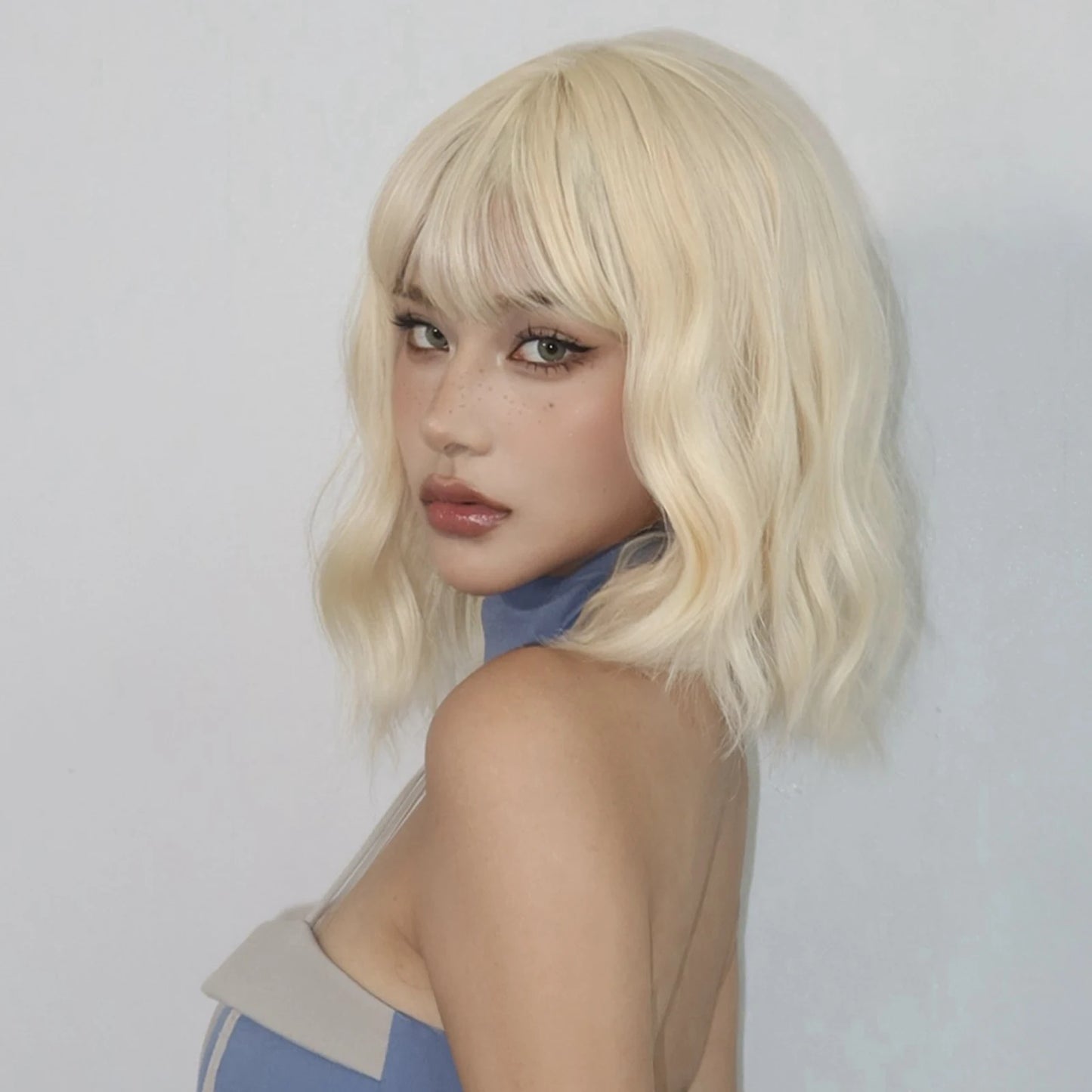 Platinum Blonde Short Curly Bob Glueless Synthetic Wig with Bangs - Lolita/Cosplay Ready
