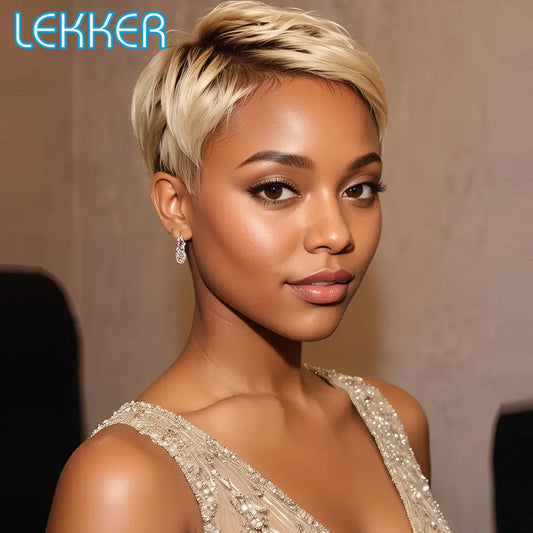 Lekker Ombre 613 blonde Short Straight Pixie Cut 100% Human Hair Lace Wigs For Women Brazilian Remy Hair Glueless Clearance Wigs