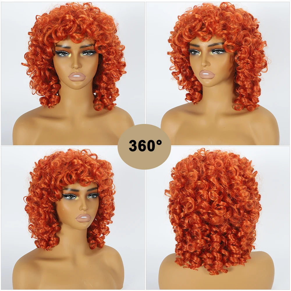 Short Loose Red Curly Wig for Black Women Curly Afro Wig with Bangs Synthetic Fiber Natural Looking Glueless Hair for Daily Wear