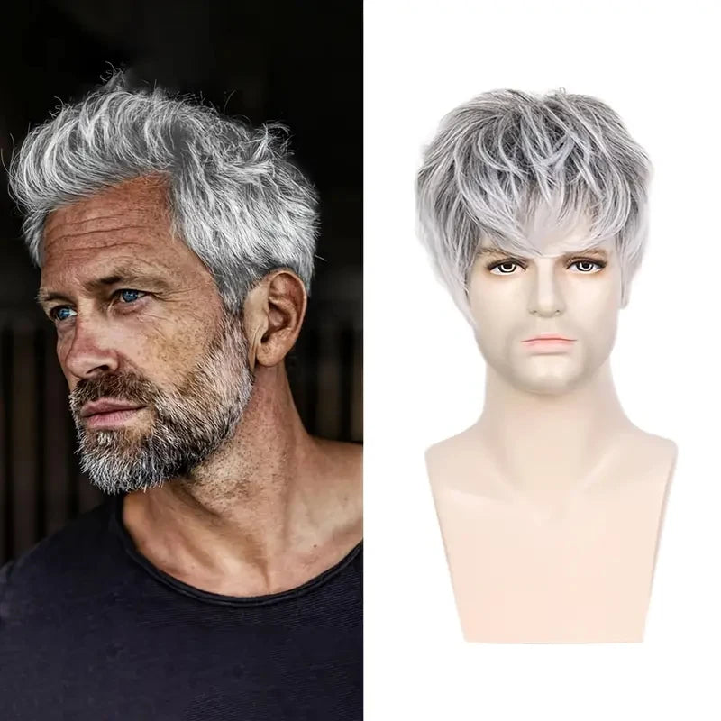 Men's Short Synthetic Short Wigs, Grey Short Layered Heat Resistant Wigs, Men's Wigs