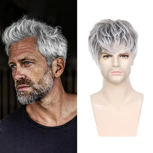 Men's Short Synthetic Short Wigs, Grey Short Layered Heat Resistant Wigs, Men's Wigs