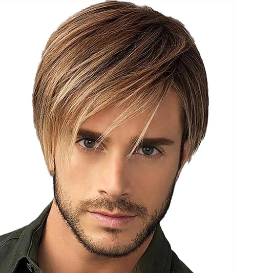 10 Inch Hair Short Curly Synthetic Mixed Brown Wig For Men Layered Heat Resistant Wigs With Bangs For Daily Halloween Use