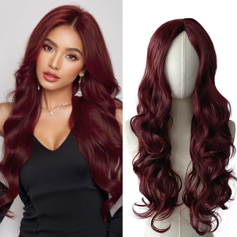 Wine Red Long Curly Glueless Lace Front Wig - Synthetic Heat Resistant, Bold Party Style