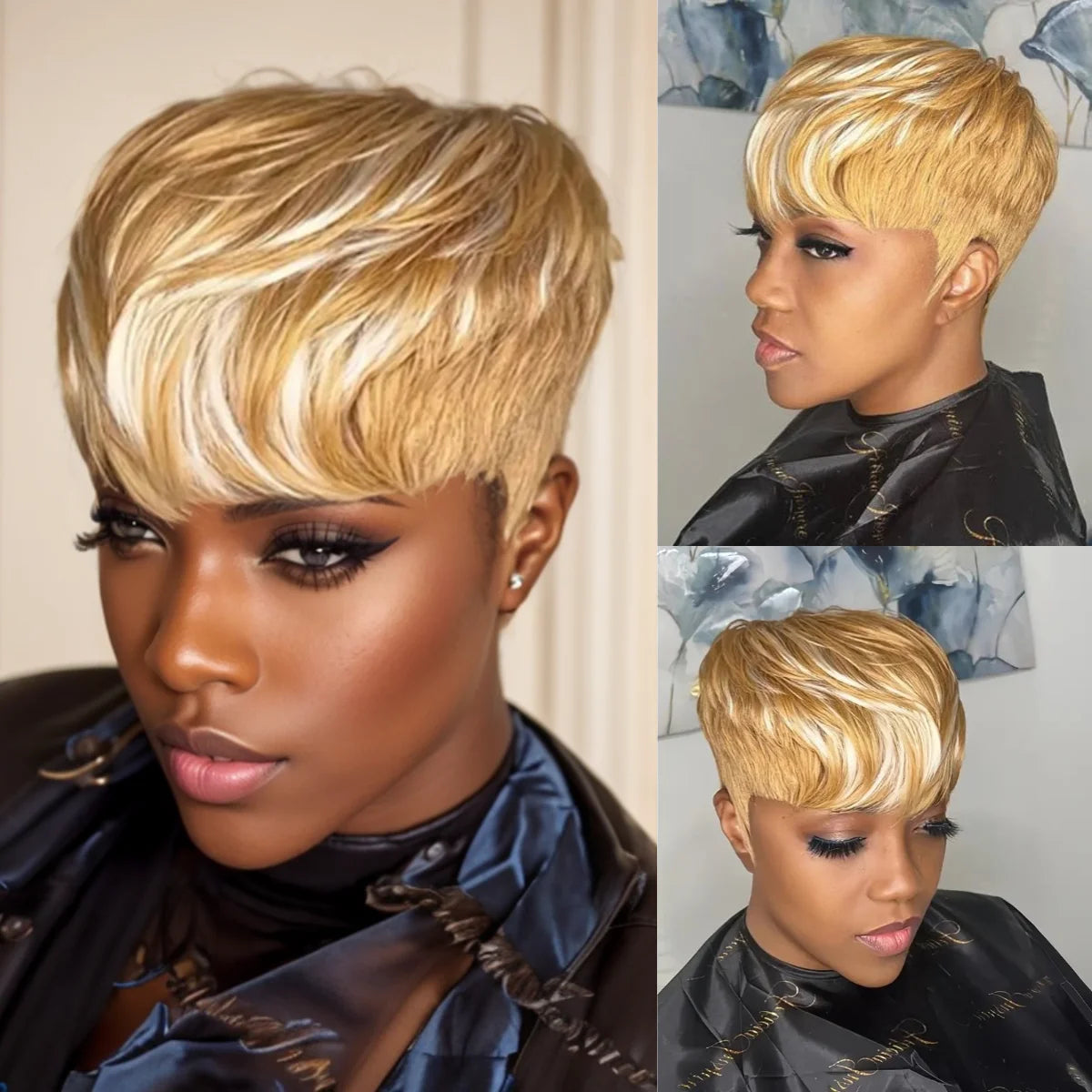 WIGERA Highlight Synthetic Short Straight Pixie Cut Hair Bob Wig Ombre Honey  Light Bronw Mix Black Layered Hair Wigs For Woman