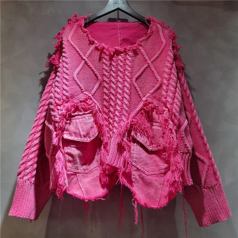 DEAT Women Pullover Long Sleeve Irregular Do Old Patchwork Pockets Vintage Washed Denim Sweater 2026 Summer New Fashion 29L8195