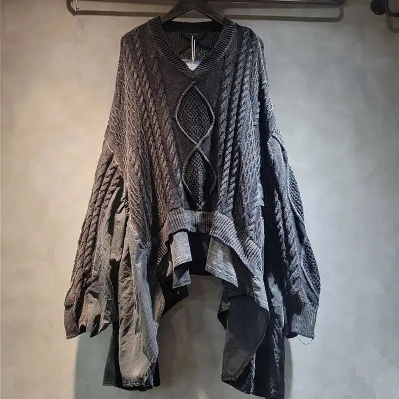 DEAT 2024 Autumn New Fashion Women's Twists Knitting Spliced Sweater Loose Bat Sleeve V-neck Long Pullovers Female 33A1448