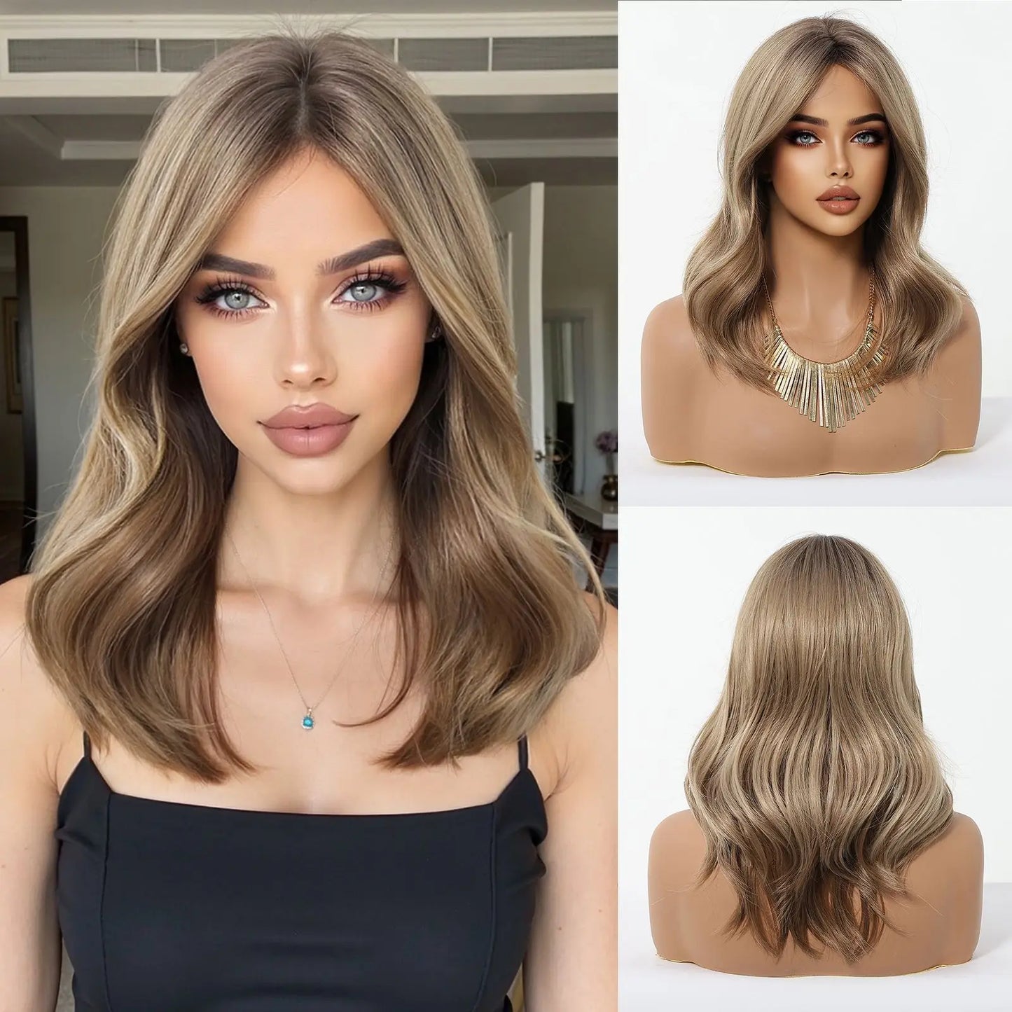 Ombre Blonde Brown Long Body Wave Glueless Synthetic Wig - Middle Part with Highlights