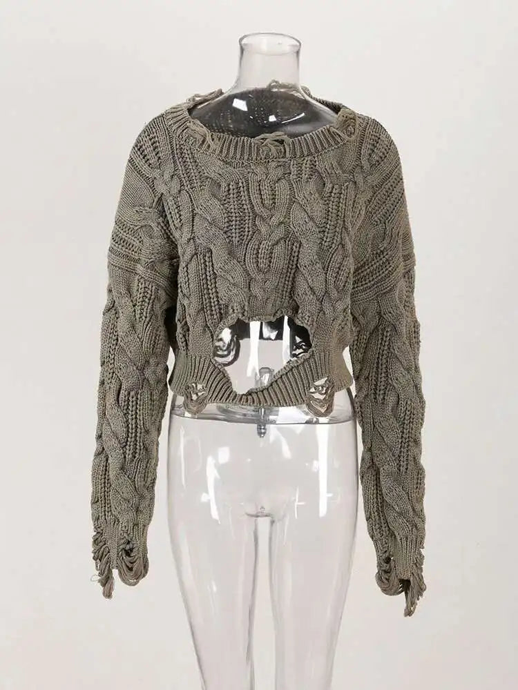 DEAT 2025 Spring Women's Knit Sweater Hollow Out Wash Hole Loose High Street Round Neck Long Sleeve Pattern Pullover 11XX6062