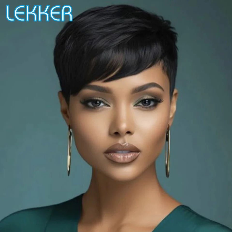 Lekker Clearance Short Pixie Cut Straight Bob 100% Human Hair Wig With Bangs For Women Brazilian Remy Hair Nature Daily Wigs