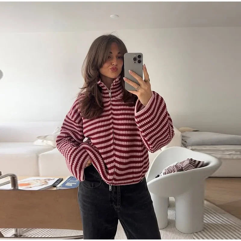 Women's Sweater Knitwear Striped Pullover Pulls Femmes Color Block Blouse O-neck Long Sleeve Loose Knit Sweater 2026 Spring Wear