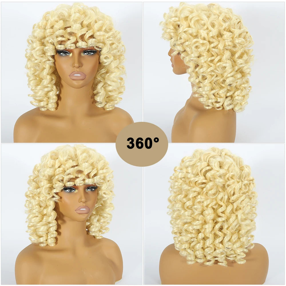 Short Loose Red Curly Wig for Black Women Curly Afro Wig with Bangs Synthetic Fiber Natural Looking Glueless Hair for Daily Wear