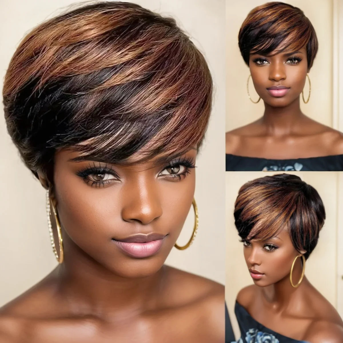 WIGERA Highlight Synthetic Short Straight Pixie Cut Hair Bob Wig Ombre Honey  Light Bronw Mix Black Layered Hair Wigs For Woman