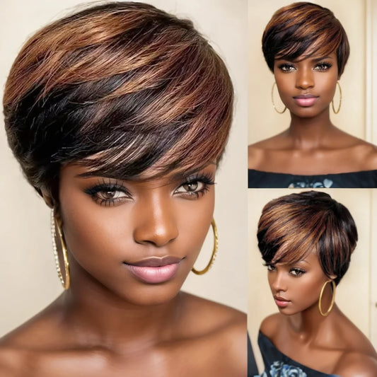 WIGERA Highlight Synthetic Short Straight Pixie Cut Hair Bob Wig Ombre Honey  Light Bronw Mix Black Layered Hair Wigs For Woman