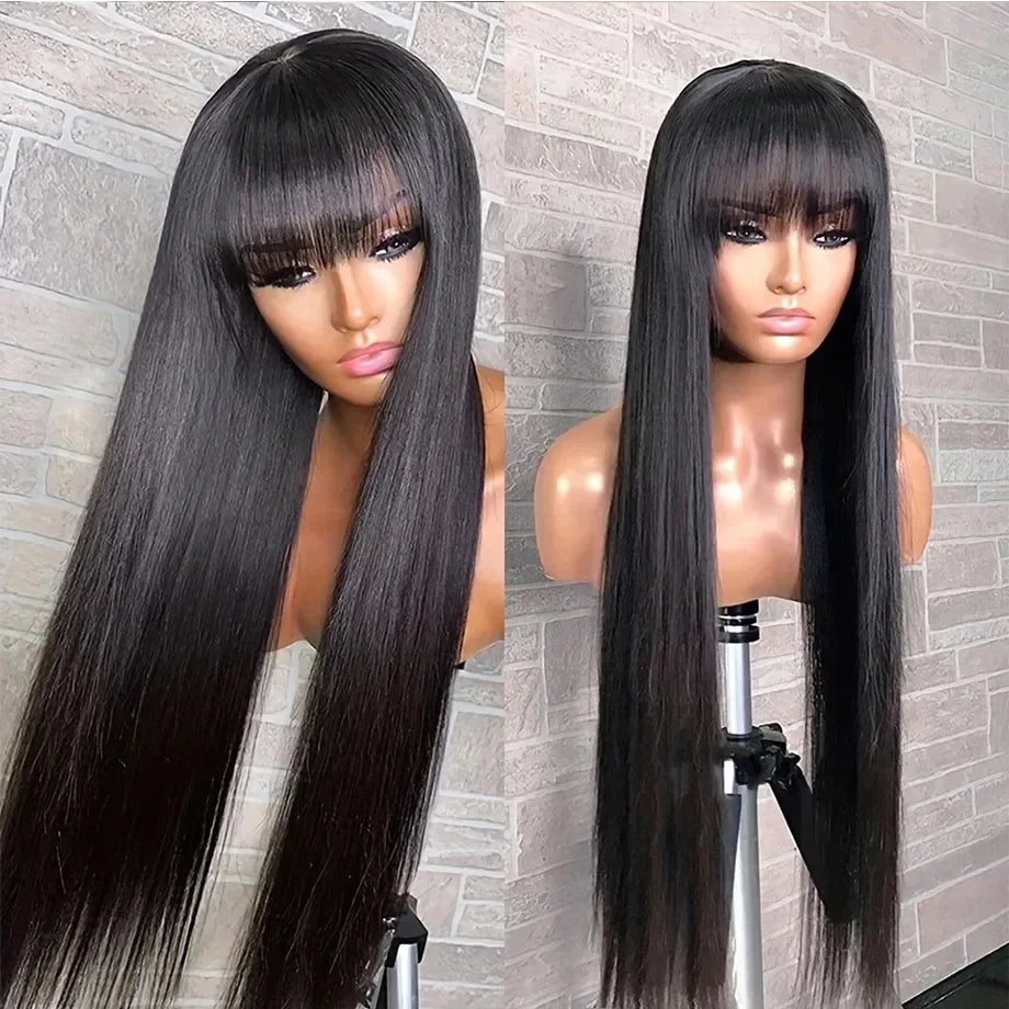 Rosslyn Straight Human Hair Wigs With Bangs 1b Black Wig Not Lace Natural Color Full Machine Wig From Brazilian Original