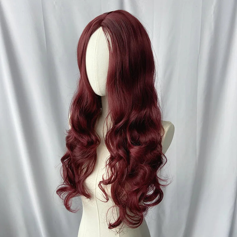 Wine Red Long Curly Glueless Lace Front Wig - Synthetic Heat Resistant, Bold Party Style