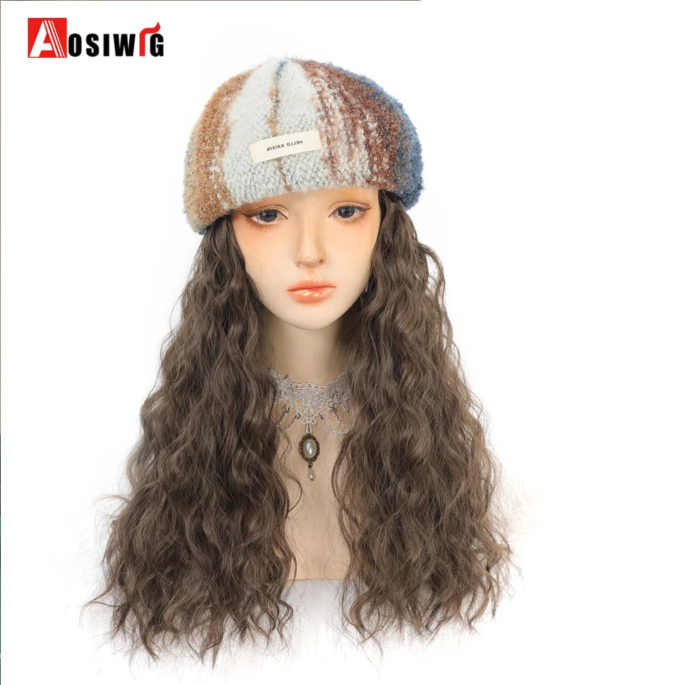 Hat Wig Synthetic Short Curly Wavy Hair Wigs With Hat Fisherman's Cap Wig Hair Extension Black Brown Wig Cap