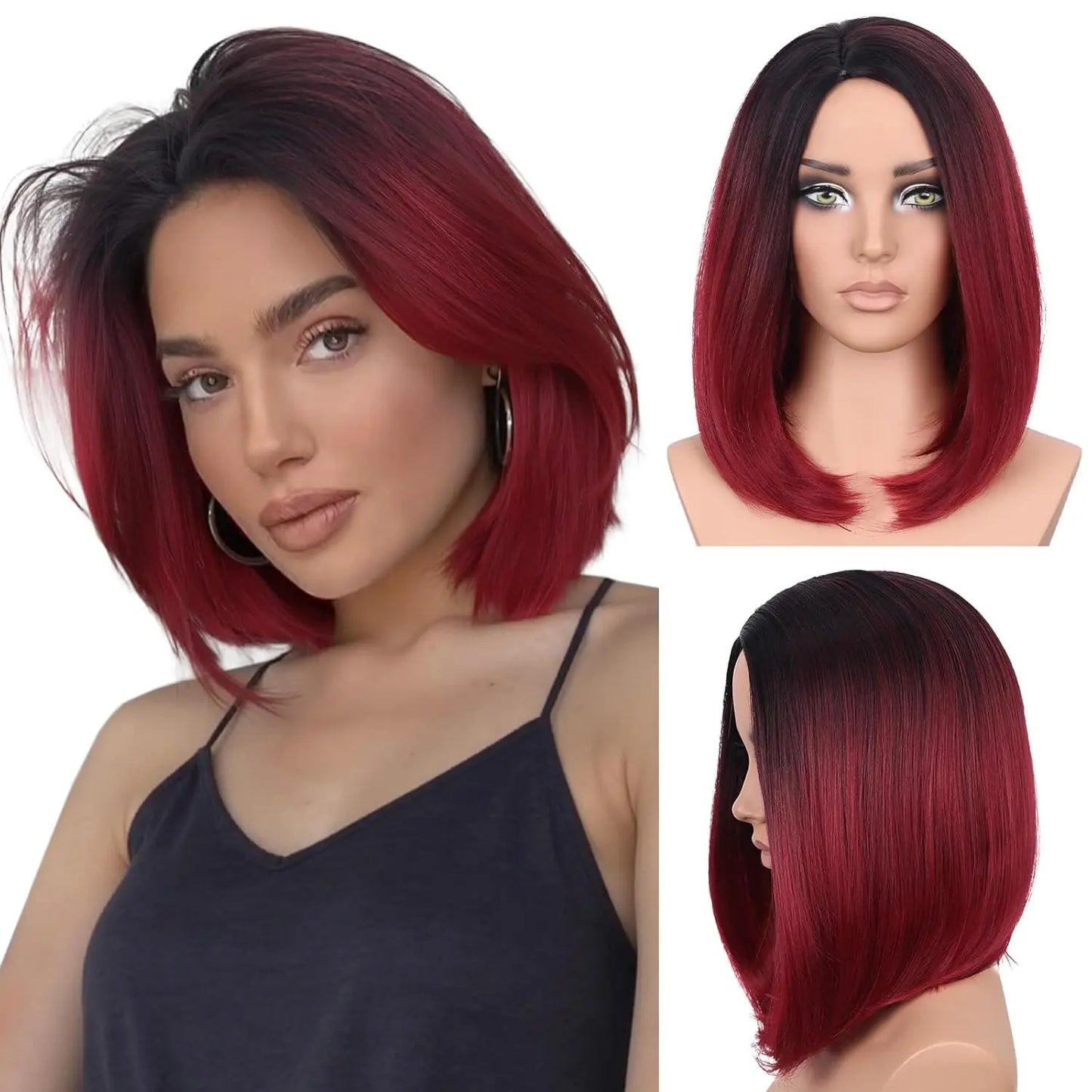 Red Black Ombre Short Bob Glueless Synthetic Wig - Dramatic Highlights