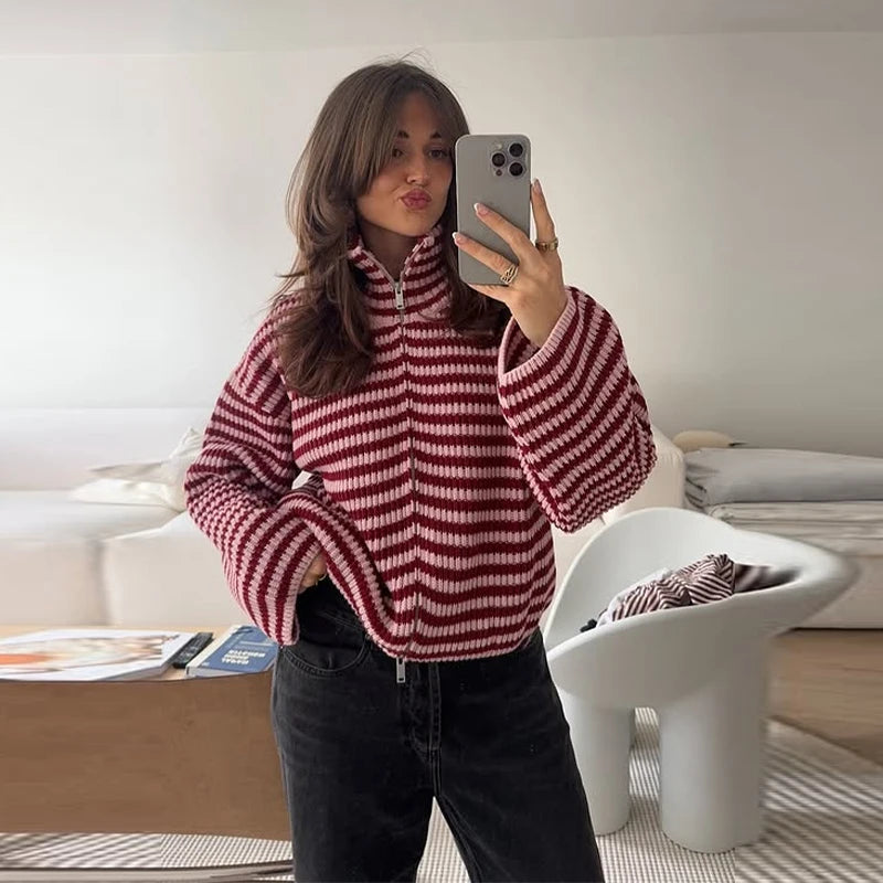 Women's Sweater Knitwear Striped Pullover Pulls Femmes Color Block Blouse O-neck Long Sleeve Loose Knit Sweater 2026 Spring Wear