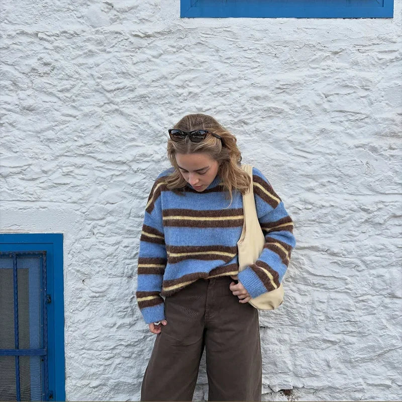 Women's Sweater Knitwear Striped Pullover Pulls Femmes Color Block Blouse O-neck Long Sleeve Loose Knit Sweater 2026 Spring Wear