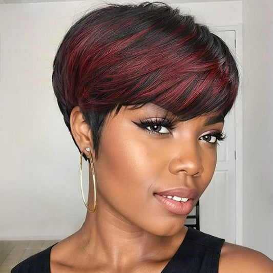 Short Pixie Cut Wigs for Black Women ShortWigs with Bangs Black with Brown Layered Wigs Glueless Short Bob Real Hair Wigs for Wo