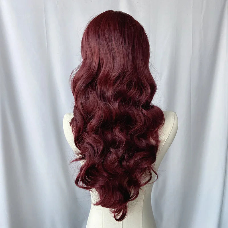 Wine Red Long Curly Glueless Lace Front Wig - Synthetic Heat Resistant, Bold Party Style