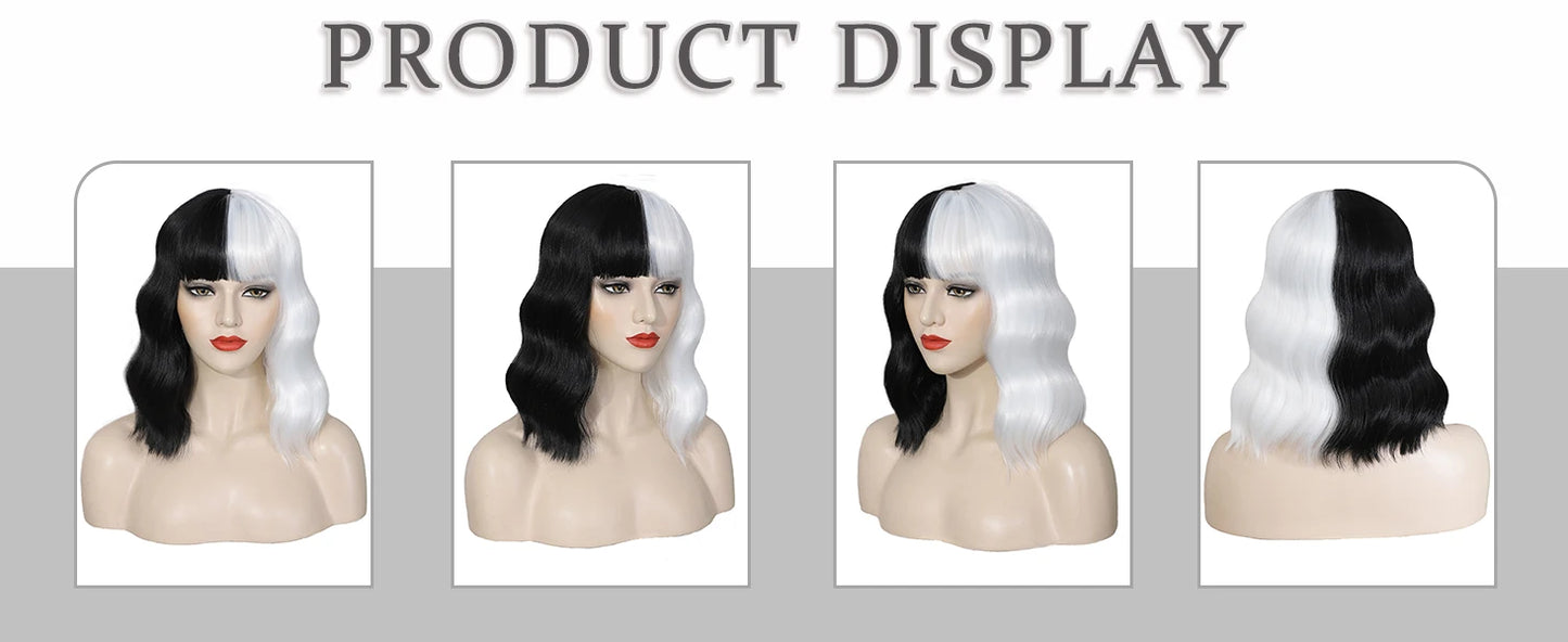 Synthetic Black and White Wigs for Women Costume Short Bob Wavy Curly Wigs Heat Resistant Wigs for Party Cosplay Halloween